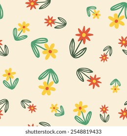 Cute simple orange flower and green leaves. Seamless pattern vector with blooming flower. Retro color palette. Good for wallpaper, sale banners, posters, labels, fabric, stationery, and gift wrapper