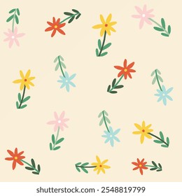 Mignonne fleur simple orange et feuilles vertes. Motif harmonieux Image vectorielle floraison années 90 80 années 70. Palette de couleurs rétro. Idéal pour le fond d'écran, les bannières de vente, les affiches, les étiquettes, le tissu, la papeterie et l'emballage cadeau