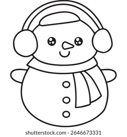 A cute, simple outline drawing of a snowman wearing a hat and earmuffs, with a scarf and three buttons, isolated on a white background.