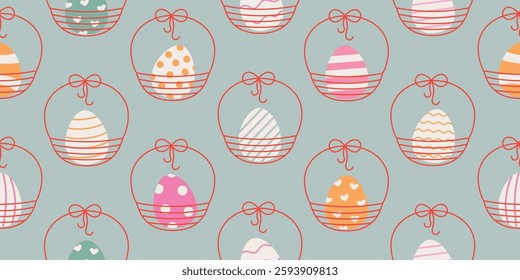 Cute simple outline Easter gift baskets with color eggs seamless pattern. Abstract spring background. Modern abstract egg hunter, Easter package, card.