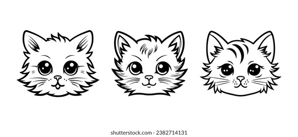 Cute Simple outline line art cat logo on isolated white background design for pet shop, store, vector doodle kitty set cats coloring page for small child