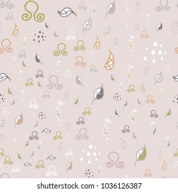 Cute simple pastel color pattern for childish textile. Trendy colors 2018 almost mauve seamless pattern with leafs, drops and twirls