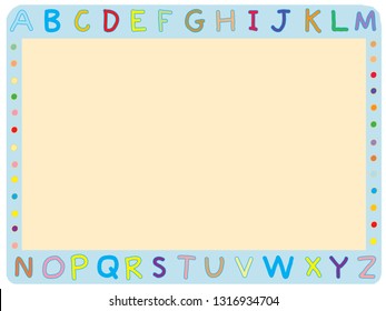 cute simple pastel colored frame decorated with doodle twenty-six uppercase English alphabets and dots in various colors