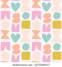 Cute and simple pattern with cut out abstract shapes. Colourful seamless texture with heart, circle, square and abstract figures. Hand drawn modern background in pastel colours