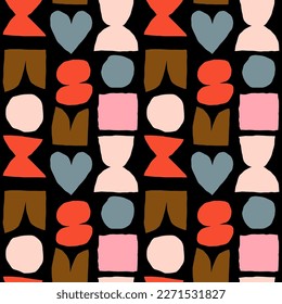 Cute and simple pattern with cut out abstract shapes. Colourful seamless texture with heart, circle, square and abstract figures. Hand drawn modern background in vivid colors