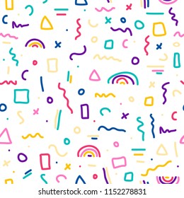 Cute Simple Pattern With Different Hand Painted Elements. Vector Seamless Template Background. Colorful Memphis Style Illustration.