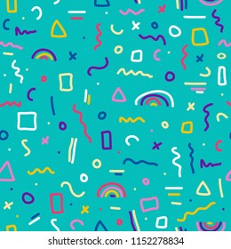 Cute simple pattern with different hand painted elements. Vector seamless template background. Colorful memphis style illustration.