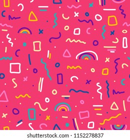 Cute simple pattern with different hand painted elements. Vector seamless template background. Colorful memphis style illustration.