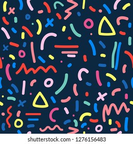 Cute simple pattern with different hand painted elements. Vector seamless template background. Colorful memphis style illustration.