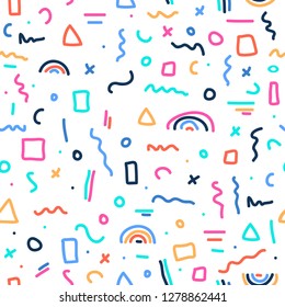 Cute simple pattern with different hand painted elements. Vector seamless template background. Colorful memphis style illustration.