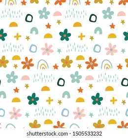 Cute simple pattern with different hand painted elements. Seamless pattern with decorative flowers in scandinavian style. Perfect for kids fabric, textile, nursery wallpaper. Doodle style.