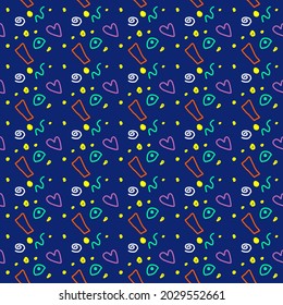 Cute simple pattern with different hand painted elements. Vector seamless template background. Colorful Memphis style illustration.
