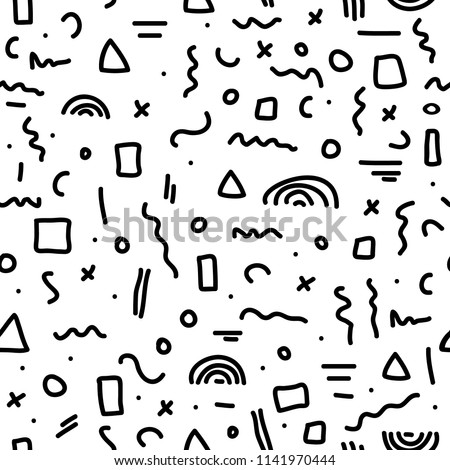 Cute simple pattern with different hand painted elements. Vector seamless template background. Monochrome memphis style illustration.