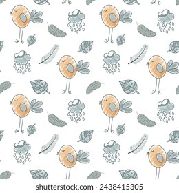 Cute simple pattern with doodle elements. Seamless background monochrome birds and clouds. 