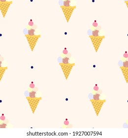 Cute simple pattern with ice-creams and polka-dots. Cute background for fabric or wallpaper design.