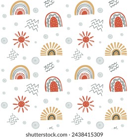 Lindo patrón simple con elementos de garabato del vivero. Fondo inconsútil con arco iris y sol.