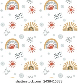 Cute simple pattern with nursery doodle elements. Seamless background with rainbow and sun.