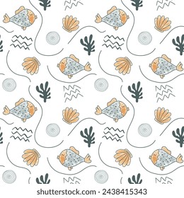 Cute simple pattern with sea doodle elements. Seamless background monochrome fish and seashells. 