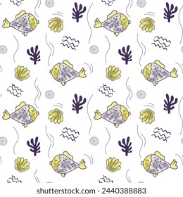 Cute simple pattern with sea doodle elements. Seamless background monochrome fish and seashells. 