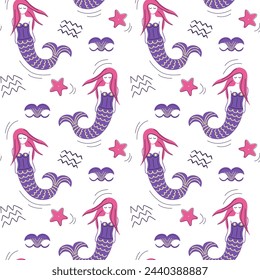 Cute simple pattern with sea doodle elements. Seamless background with sketch mermaid. 