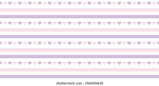 Cute simple pattern with stripes and hearts, pink purple and white, seamless repeat pattern vector background, repeating wallpaper.