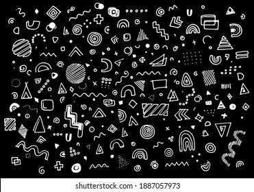 Cute simple pattern with various hand-painted elements. Vector set of geometric shapes outline white elements on a black  background for your design template. Monochrome illustration in the Memphis st