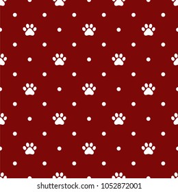 Cute Simple Paw and Dots Seamless Pattern, Red Cartoon Animals Background, Vector Illustration