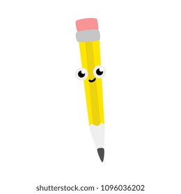 Cute simple pencil with eraser cartoon character isolated on white background - funny office supply personage with smiling face for back to school concept in flat vector illustration.