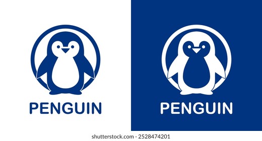 Logo de pinguim bonito e simples em tons de azul, fechado em uma moldura circular. Ideal para produtos infantis, empresas com clima frio ou marcas divertidas que buscam um design de mascote amigável