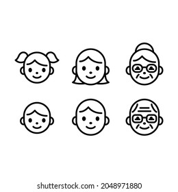 Geräumige und einfache Leute stehen vor einer Ikone. Zeilensymbole von Kindern, Erwachsenen und älteren Männern und Frauen. Junge und Mädchen, Mann und Frau.