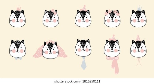Cute simple pet portraits. The cat is a boy and a girl. A set of portraits with decorative items - crown and veil, tie and bow tie, scarf and hat. Vector illustration. For childrens decor, printing