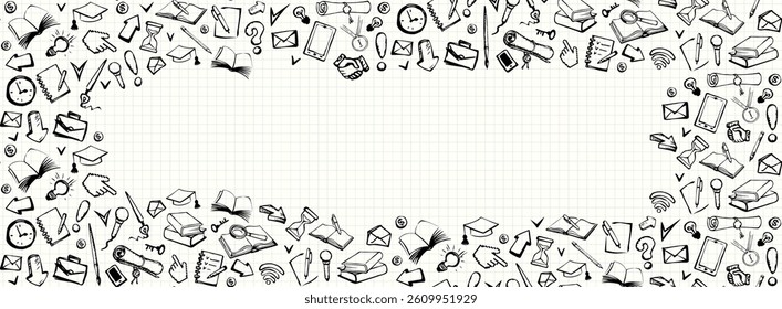 Cute simple phone web data pad app wifi tool exam time light bulb text. Outline black ink pen hand drawn read old diary file note. Check list scroll logo emblem fly arrow retro cartoon line art style