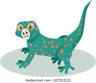 A cute simple picture of a gecko. Funny smiling lizard on a white background without details. Green gecko with spots.