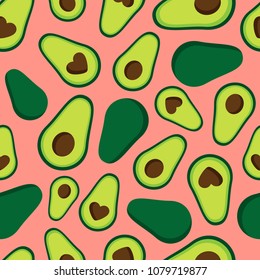 Cute, simple pink colorful avocado vector seamless pattern. Fresh ripe green avocado cut in half and whole piece on pink orange background.