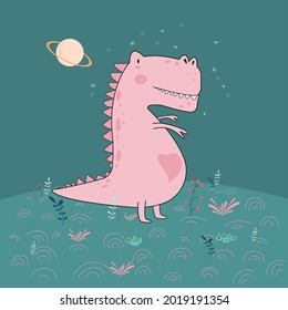 cute simple pink dino illustration with flowers and green fields nursery art
print children's books
simple style isolated on green background vector illustration