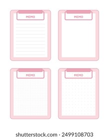 A cute and simple pink memo, note file binder illustration set. The memo formats are lined, dotted, blank, and grid.