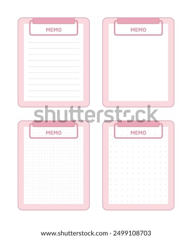 A cute and simple pink memo, note file binder illustration set. The memo formats are lined, dotted, blank, and grid.
