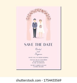 Cute Simple Pink Peach Flower Gate Wreath Couple Portrait Wedding Invitation -  Cartoon Character Save The Date Template