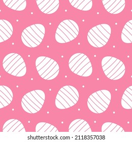 Cute and simple pink vector seamless pattern background with striped easter eggs and dots for Easter design.