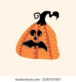 Cute simple pumpkin with jack-o-lantern face and orange patterns