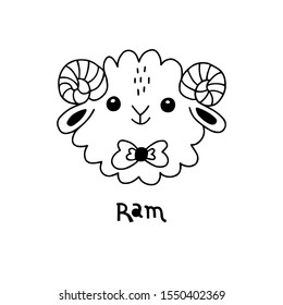 Cute, simple ram face cartoon style. Vector illustration.