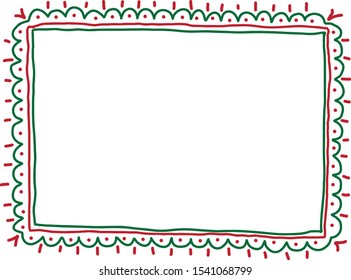 cute simple rectangular photo frame consists of green and red lines and dots in doodle style