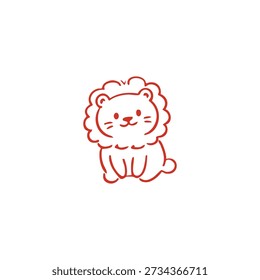Un dibujo lindo, simple línea roja de un cachorro de león estilizado sentado sobre un fondo blanco con una cara sonriente.