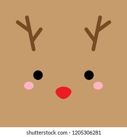 Cute simple reindeer vector illustration. Christmas reindeer face, head, square icon, isolated on brown background.