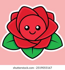Cute Simple Rose Sticker Design with Playful Face | Minimalist Red Rose with Clean Bold Lines and Green Leaves in Flat Style for Modern Aesthetics