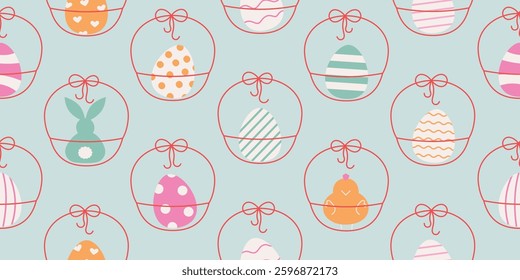Cute simple round line easter gift baskets with festive eggs, rabbit, chick seamless pattern. Abstract spring background for easter holiday paper, banner.