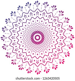 Cute simple round mandala. Gradient colors from pink to violet. Romantic boho style ornament. For design, yoga, festival, decor