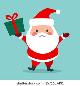 Cute Simple Santa Claus Vector Cartoon Icon Illustration. Happy Smiling Chubby Kawaii Santa Standing Holding A Gift Box With Bow And Waving. Christmas Winter Holiday Design Element For Greeting Cards