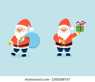 Cute simple Santa Claus vector cartoon icon illustration. Happy smiling Santa standing and walking with gifts. Traditional Christmas winter holiday design element for greeting cards