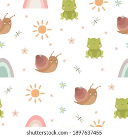 lindas y sencillas rana de estilo escandinavo y patrón de caracol. animales infantiles e insectos. arco iris y sol